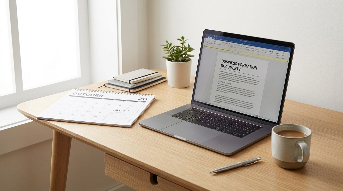 A desk with a laptop showing LLC formation forms, a calendar, and a pen, symbolizing business planning.