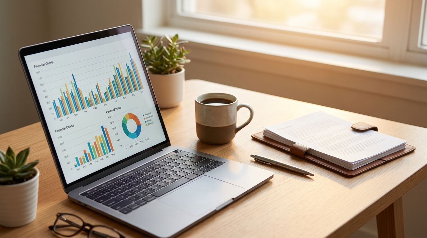 A laptop displaying financial graphs and documents on a clean desk, symbolizing strategic business planning for S Corp formation.