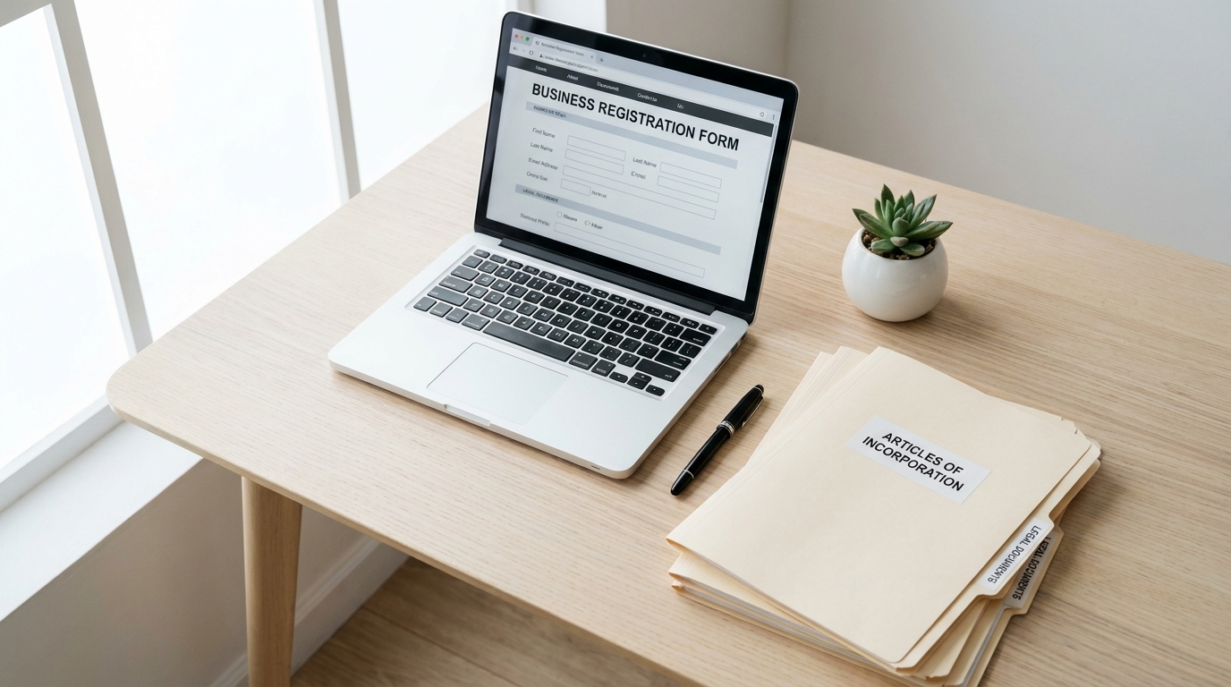 A modern desk setup with a laptop showing a business registration interface, legal documents, and a pen, symbolizing the process of understanding and registering a DBA.