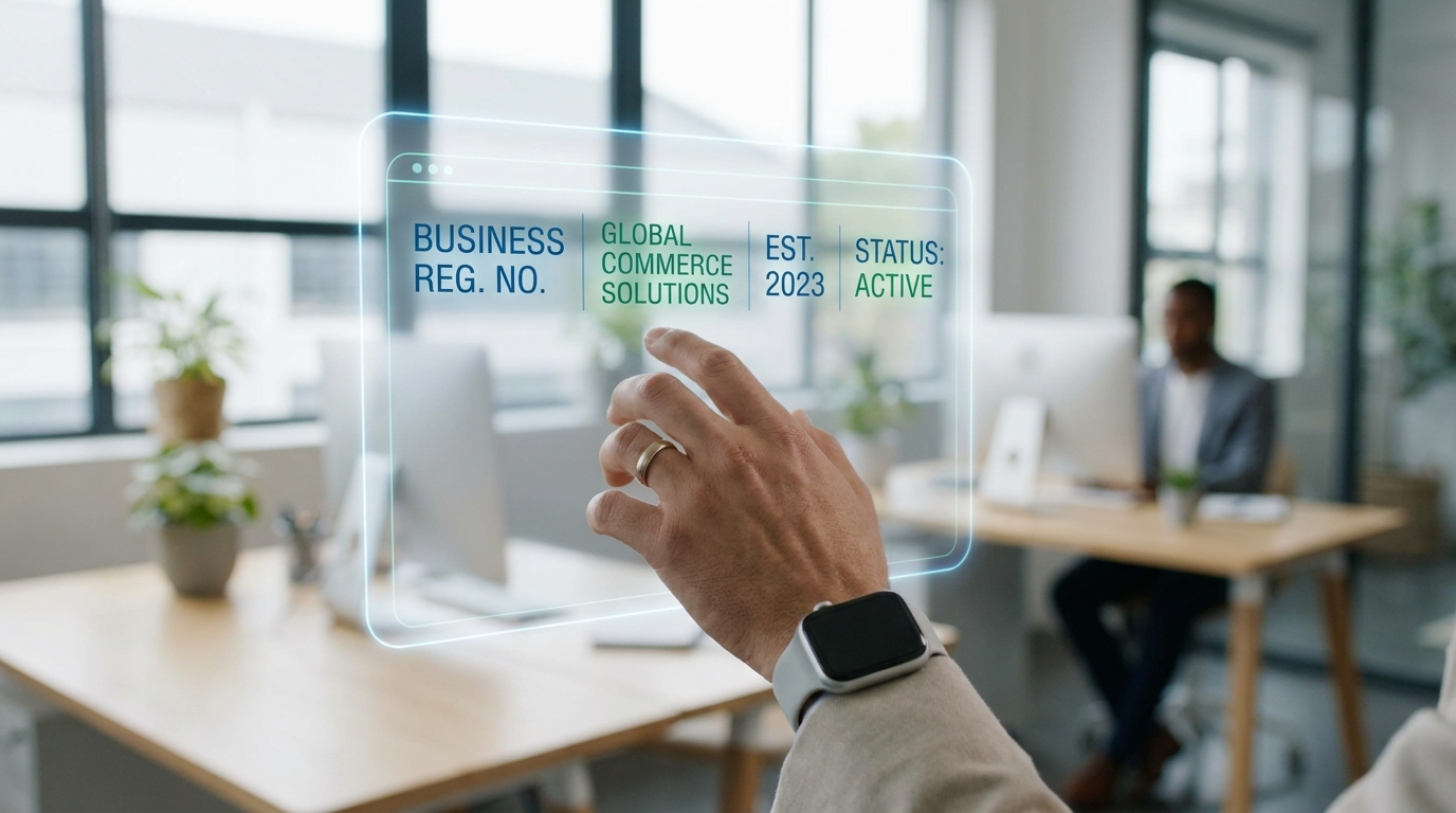 A hand interacting with a holographic screen showing a database of business names and registration information, symbolizing the digital nature of DBA records.