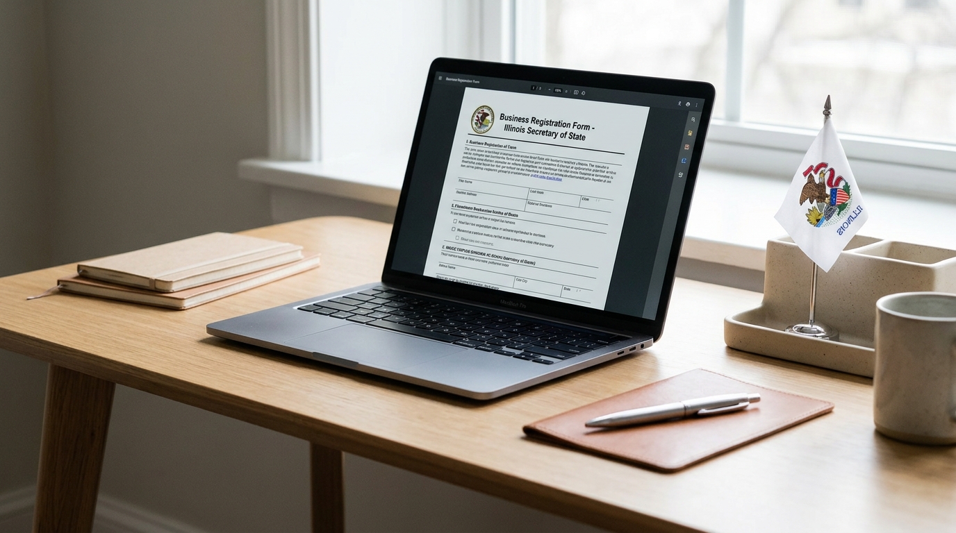 Desk with laptop showing business registration, pen, and Illinois flag, symbolizing state business compliance.