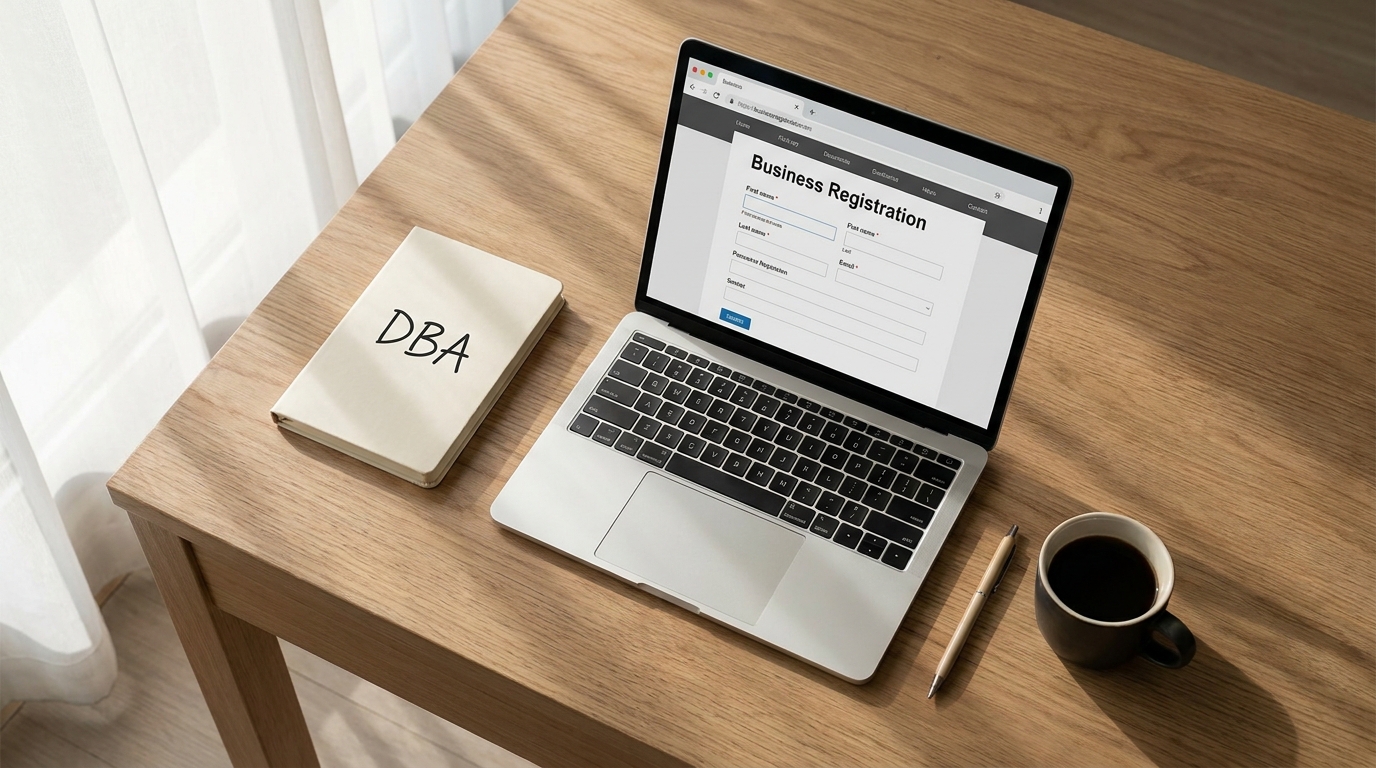 A clean desk with a laptop showing a New Jersey business registration, a notebook, and a pen, symbolizing the DBA application process.