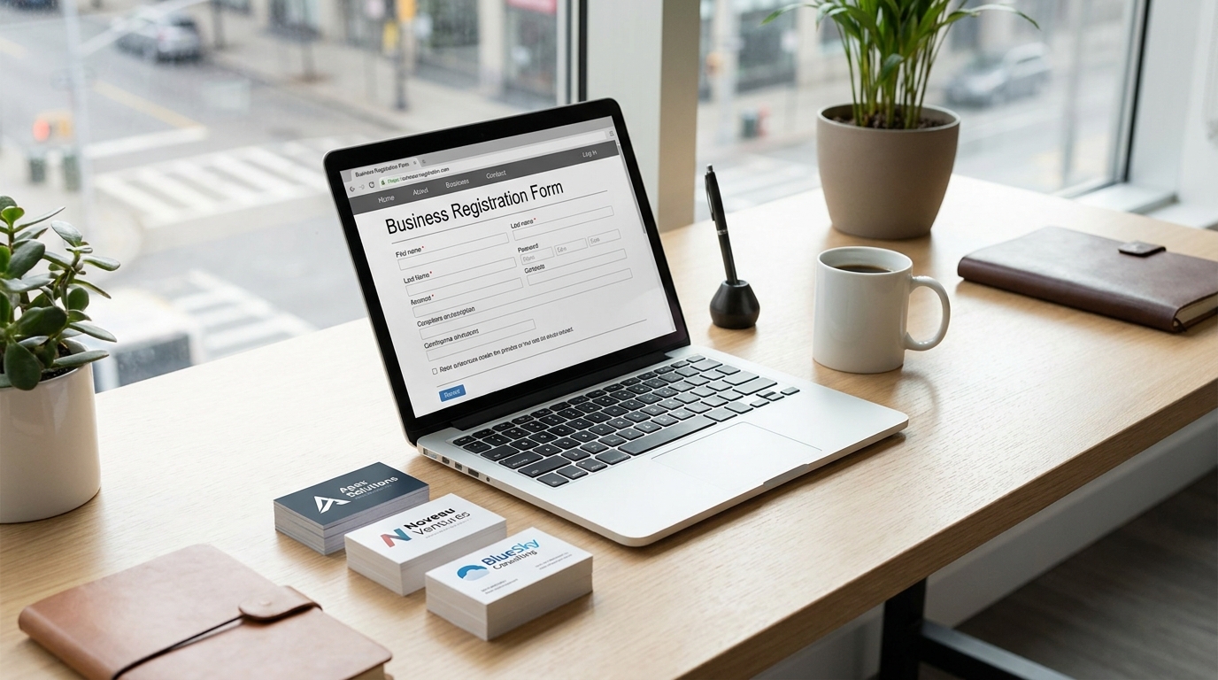 A desk with a laptop showing a business registration form, emphasizing the concept of 'Doing Business As' (DBA) names.
