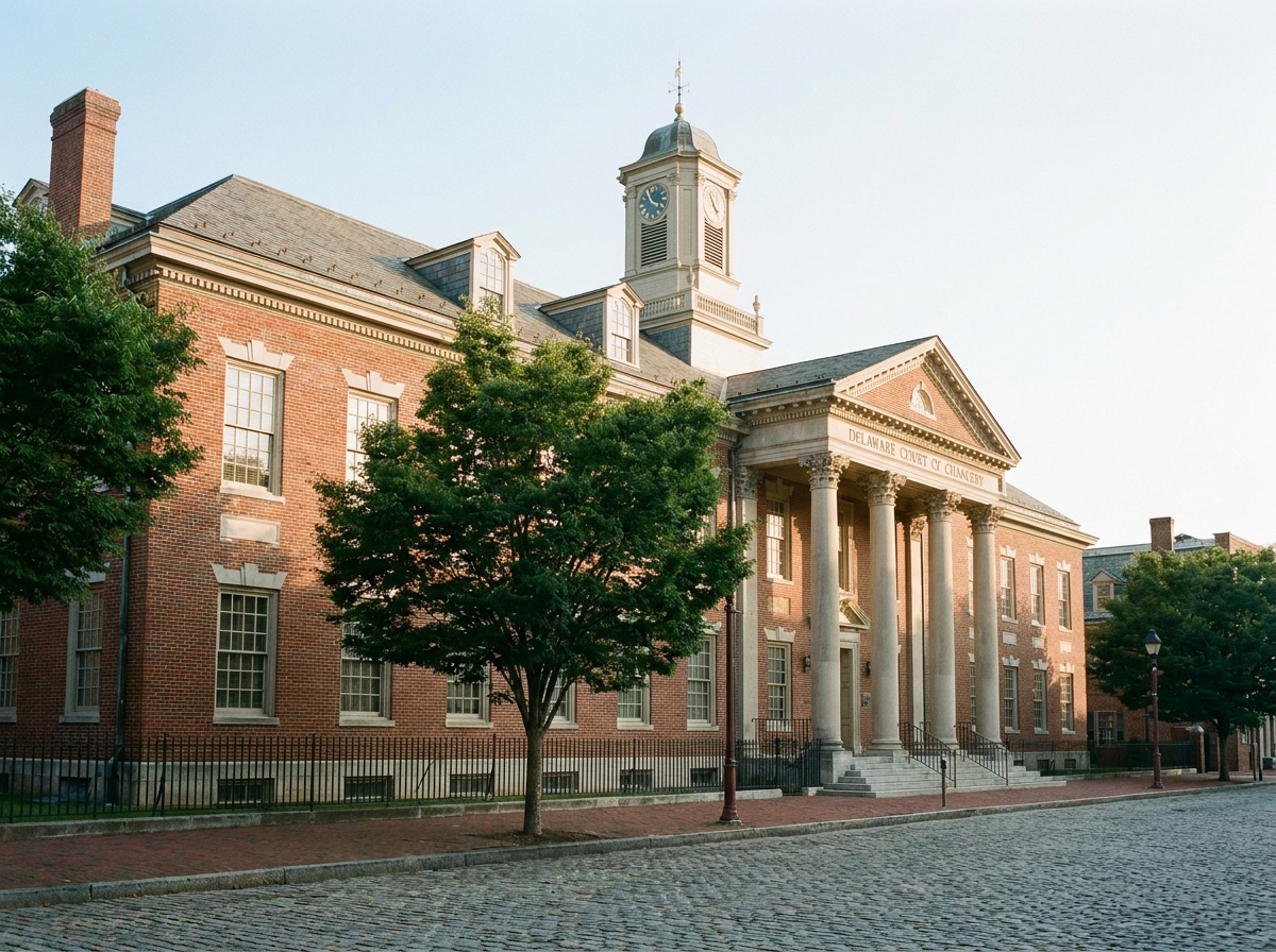The historic Delaware Court of Chancery building in Wilmington, with its classic architecture standing against a clear sky.