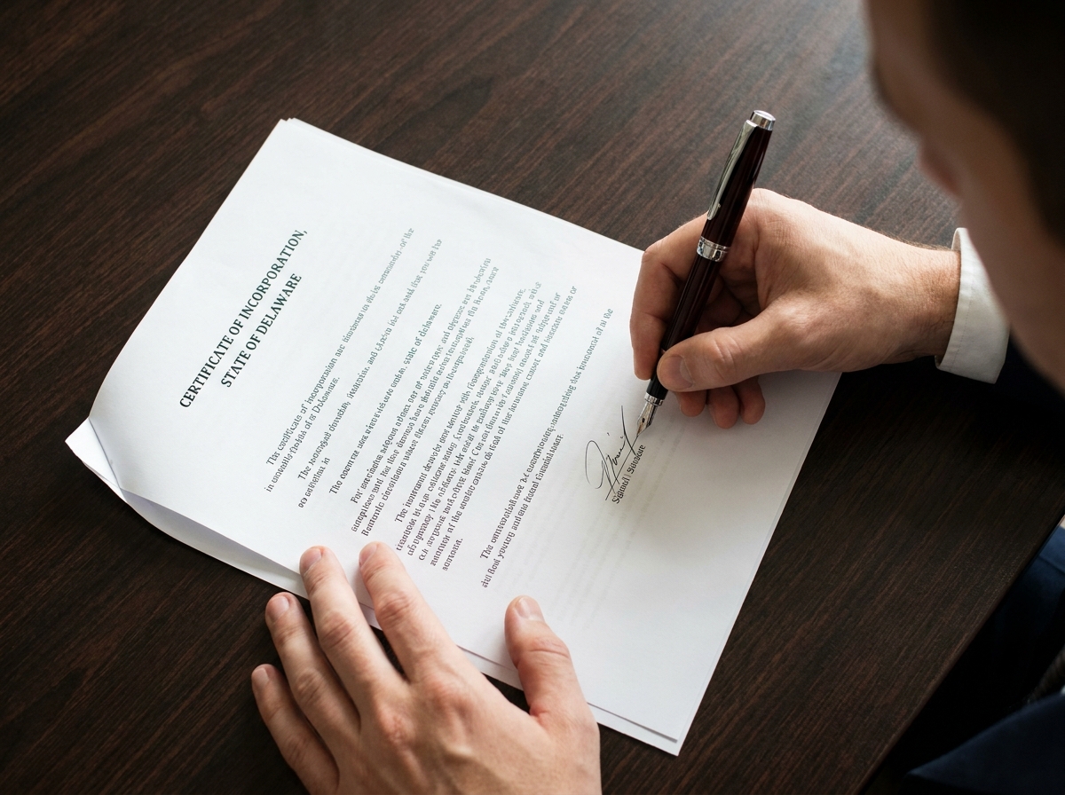 A close-up of a person's hands signing an official-looking document titled 'Certificate of Incorporation' with a fountain pen.