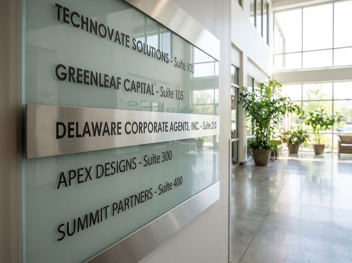 A modern, professional building lobby with a directory listing various company names, one of which is a registered agent service.