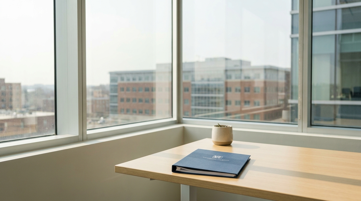 A quiet, professional office space in Wilmington, Delaware, with official-looking corporate documents resting on a desk.
