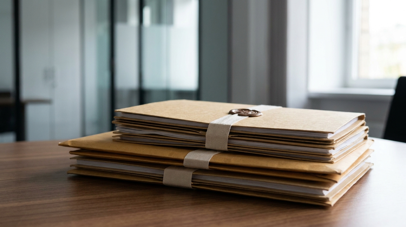 Stack of sealed legal documents on a desk, representing compliance and official correspondence for a Delaware business.