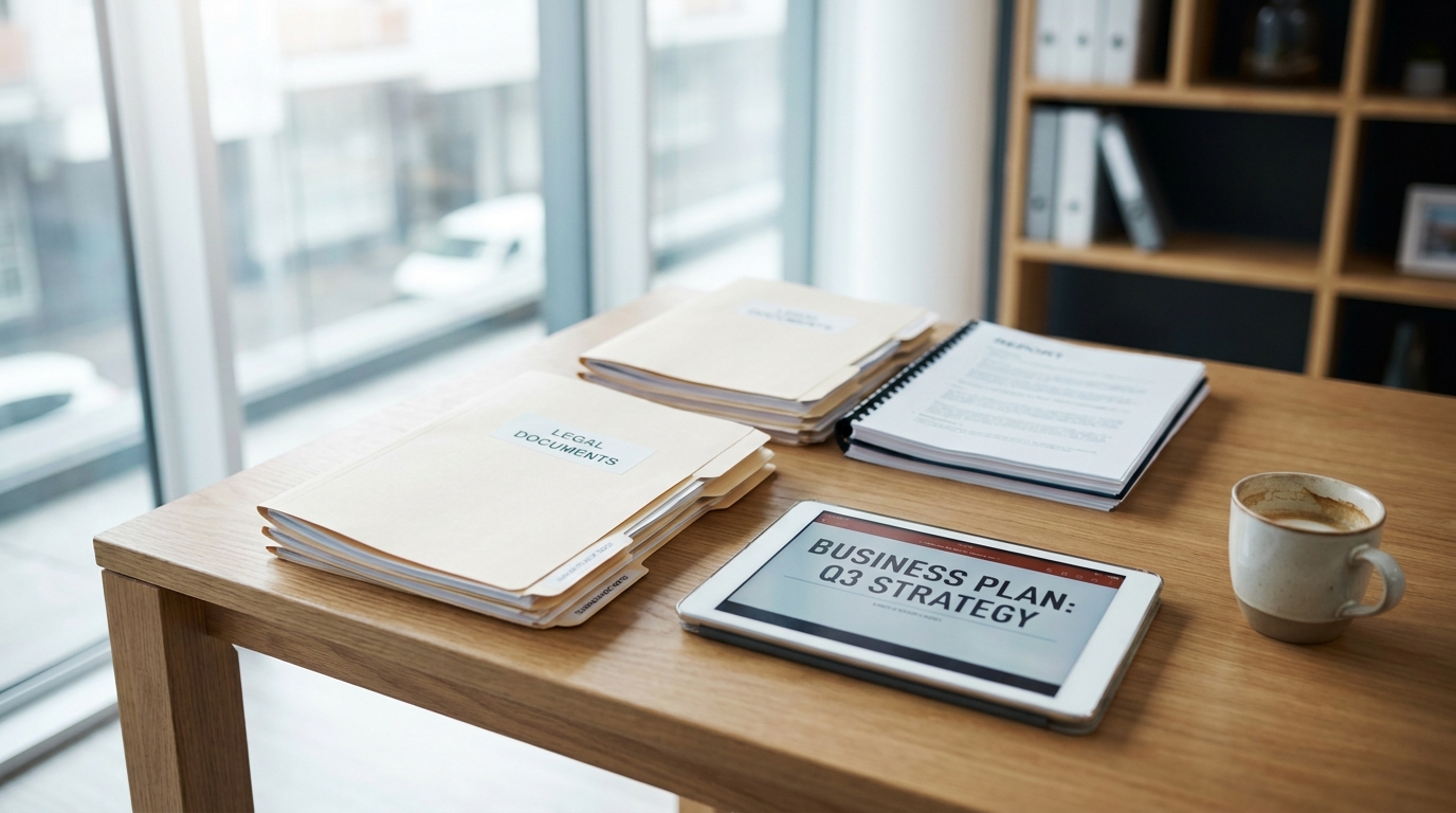 A desk with business documents, a tablet showing a business plan, and a coffee cup, symbolizing business formation decisions.