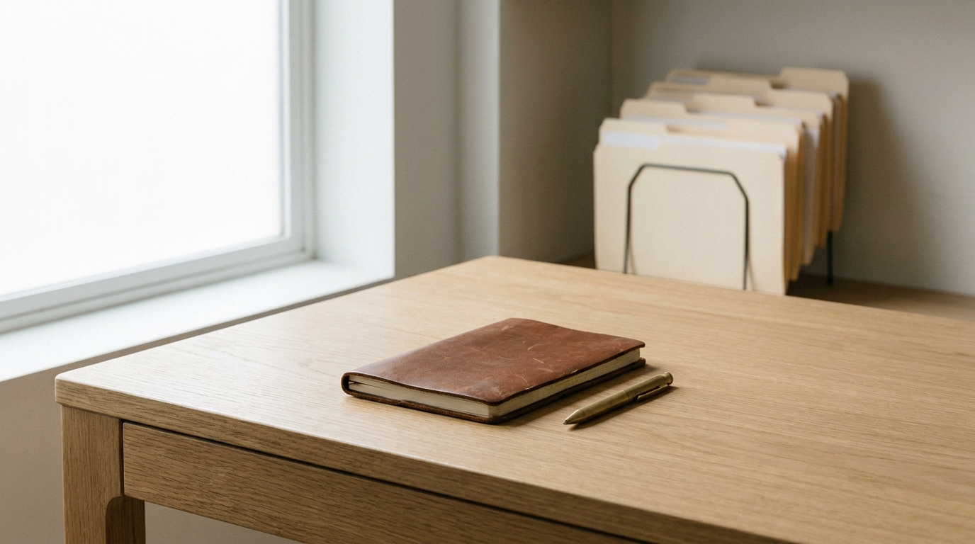 A closed notebook on a clean desk, symbolizing an unused business idea and the importance of formal dissolution.