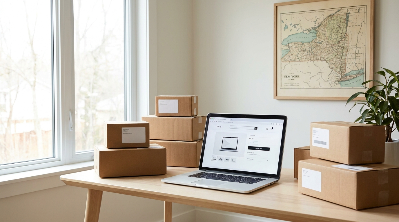 Laptop on a desk with e-commerce site, shipping boxes, and a New York State map.