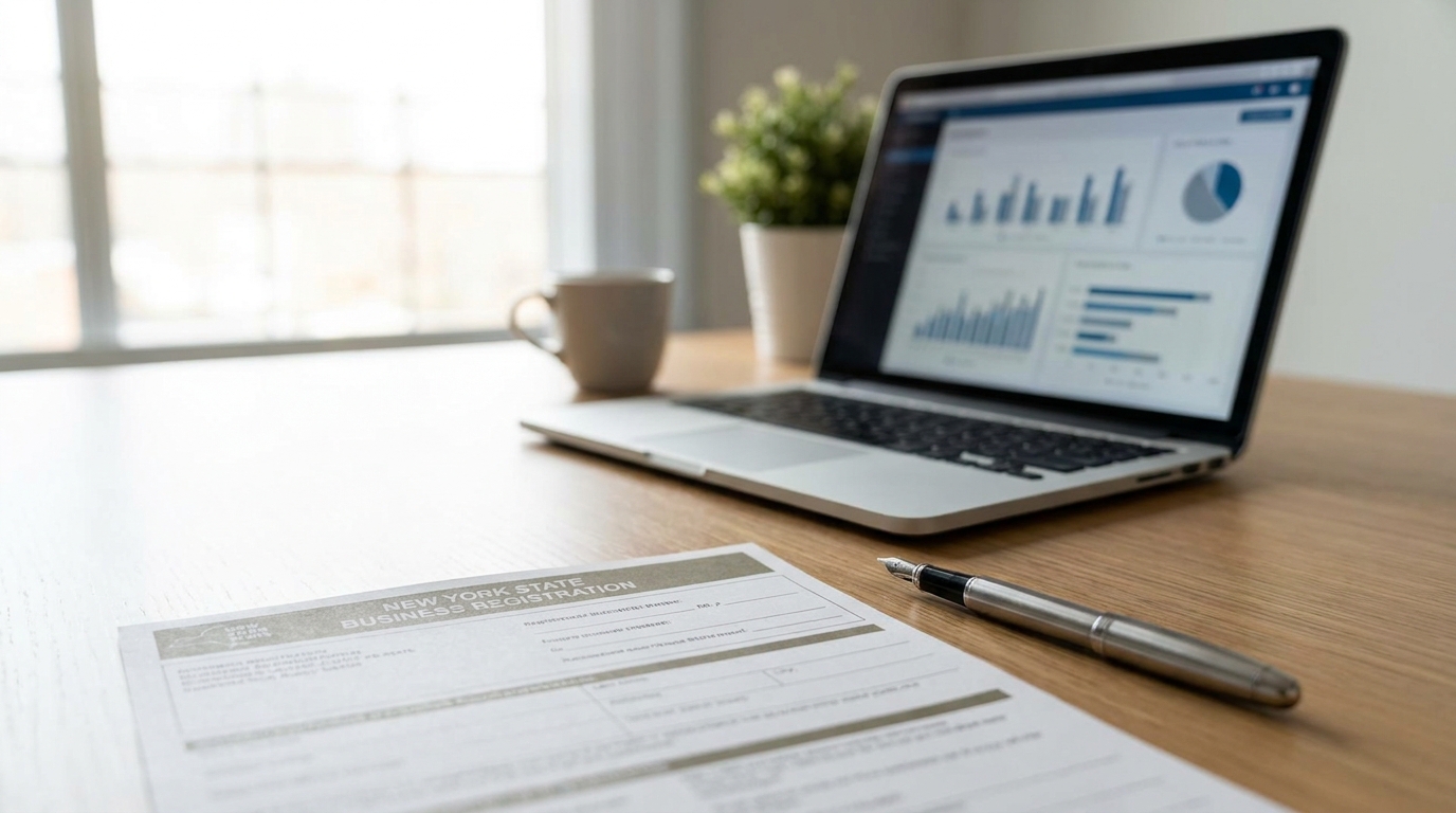 New York business registration documents on a desk with a laptop, symbolizing the administrative process of company formation in the state.