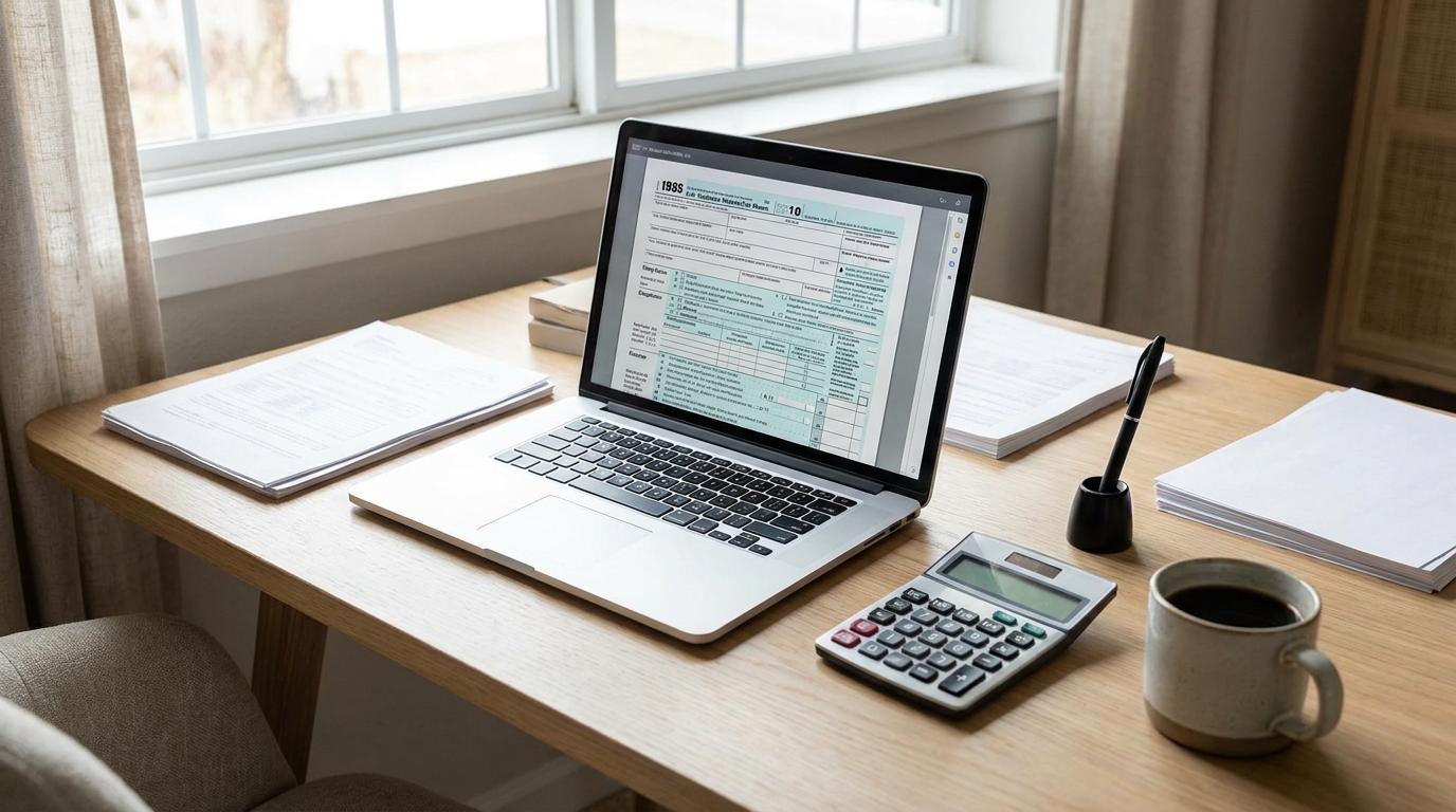 A desk with a laptop showing tax forms, a calculator, and a pen, representing financial organization for an LLC.