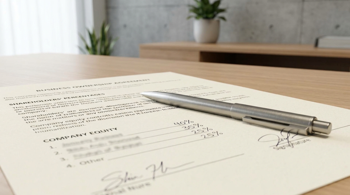 A pen lying on an open legal document detailing LLC ownership percentages and member interests.