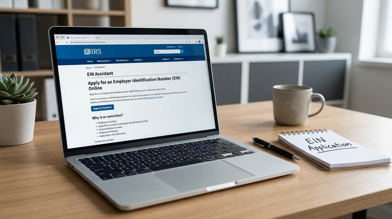 A laptop screen showing the IRS website for EIN applications, with a pen and notepad on a clean desk.