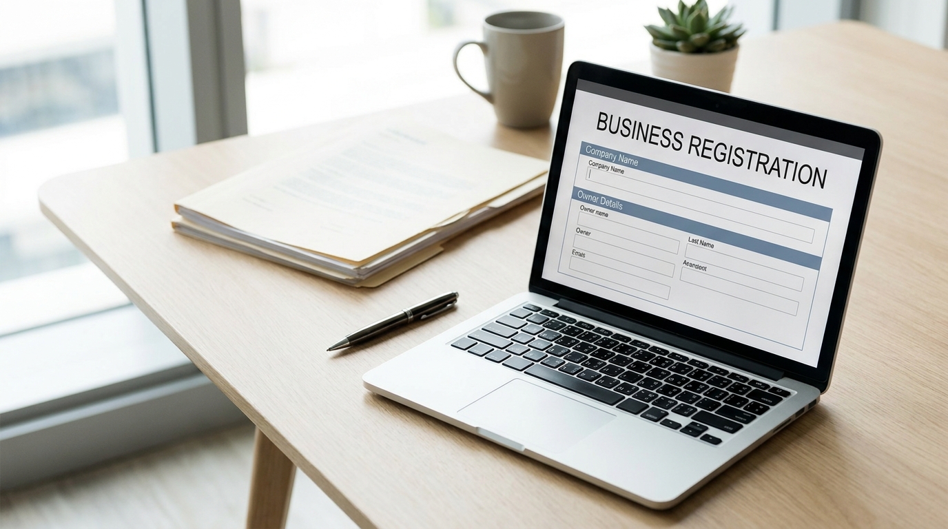A laptop displaying a business registration form, a pen, and legal documents on a clean desk.