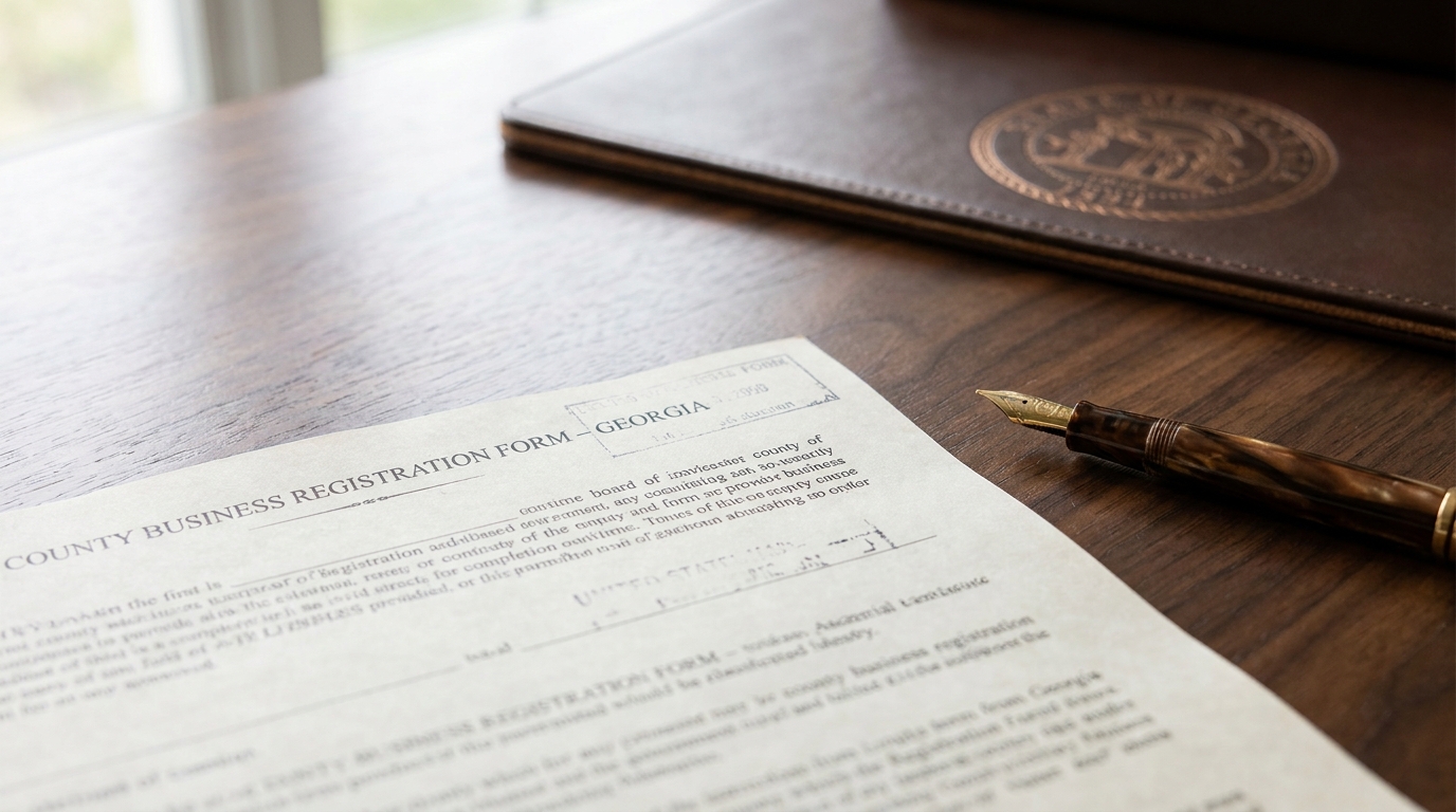 A Georgia business registration form with a pen, indicating the process of filing a DBA.