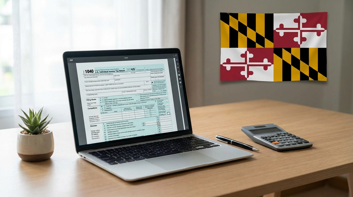 Desk with laptop showing a tax form, calculator, and a Maryland flag, symbolizing business compliance.