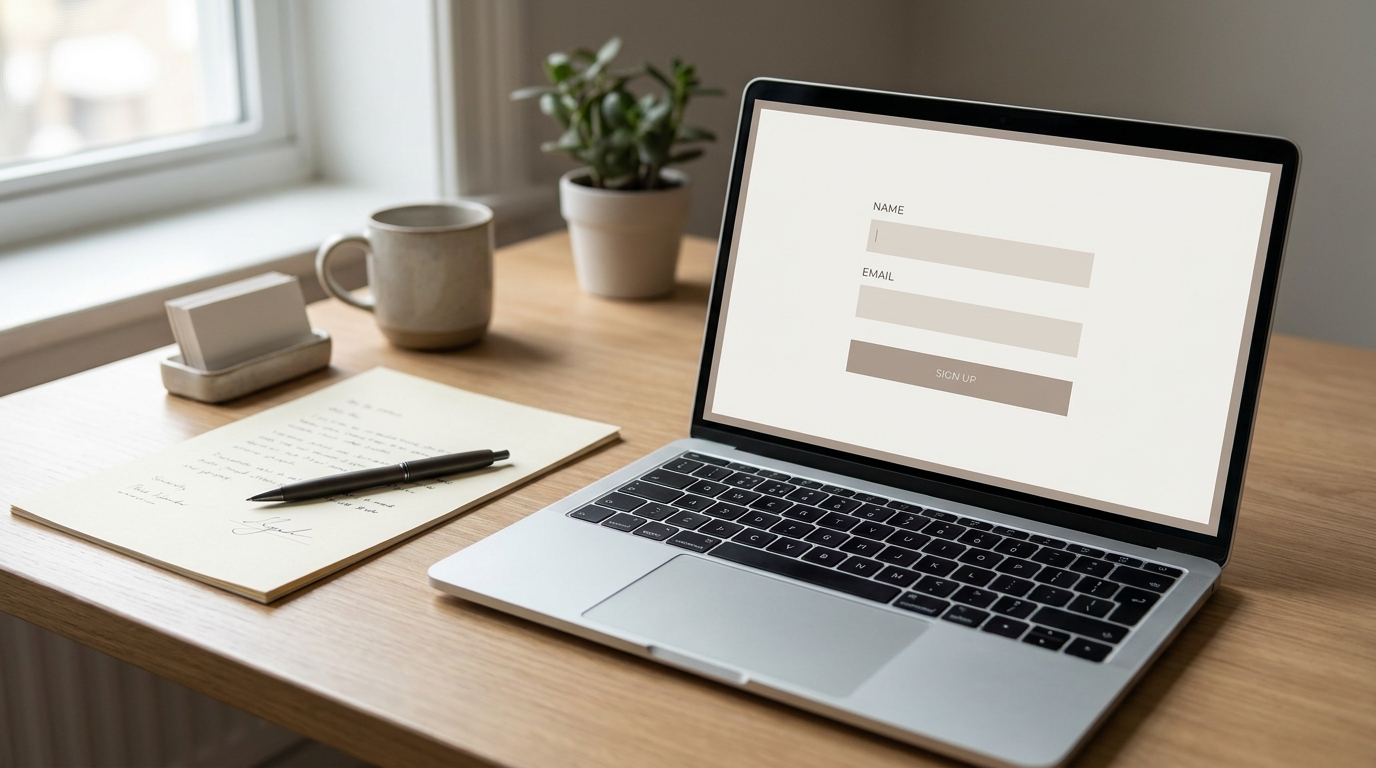 A laptop displaying an online application form for an EIN, with a pen and paper documents on a desk, symbolizing the process of obtaining a federal tax ID.