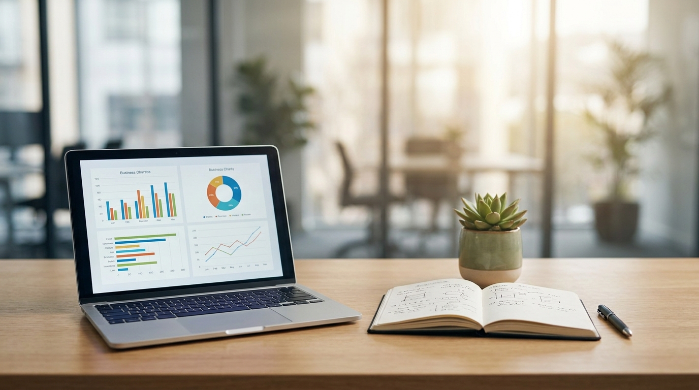 A clean desk with a laptop, notebook, and pen, symbolizing business planning and cost-effective startup strategies.