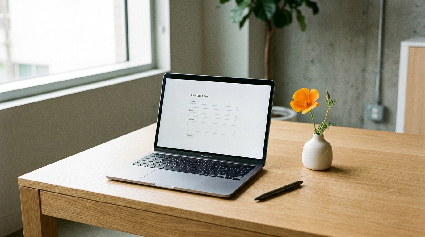 A clean desk with a laptop open to a business filing form, a pen, and a subtle California poppy, symbolizing business compliance in California.