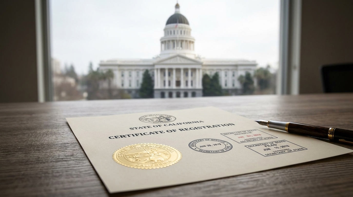 Close-up of a California business registration document with the State Capitol in the background, symbolizing official corporate records.