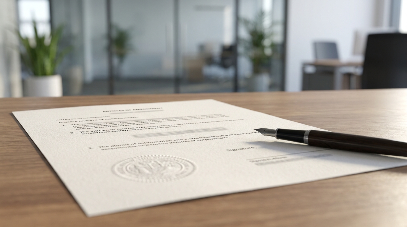 Florida Articles of Amendment document with a state seal, a pen, and a blurred office background.