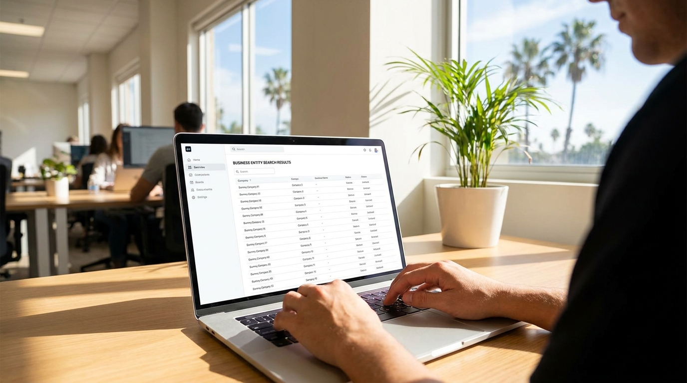 A laptop screen showing a business search result page on the Florida Division of Corporations website, with hands lightly resting on the keyboard.