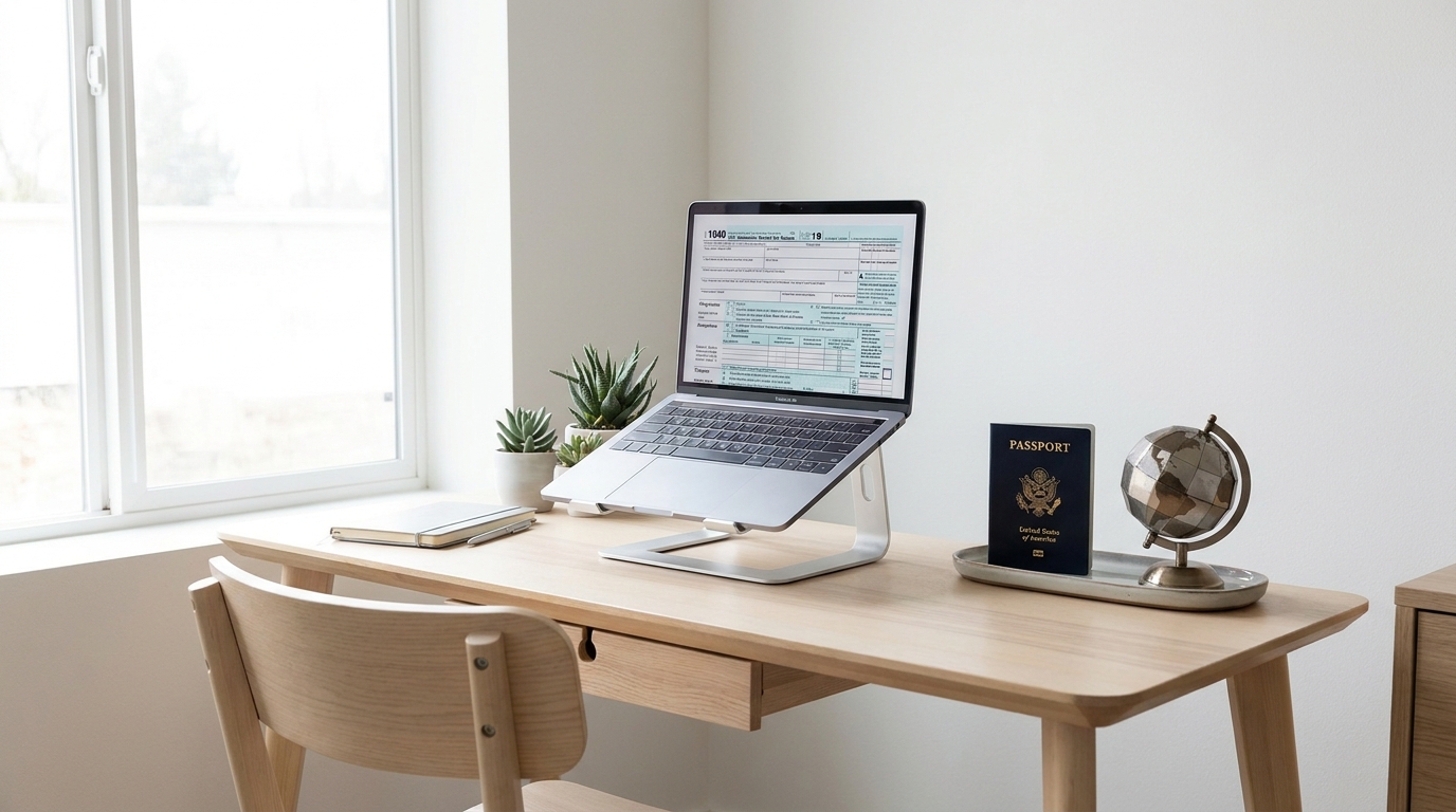 Laptop displaying IRS tax forms, a non-US passport, and a globe, symbolizing international business and US tax compliance.