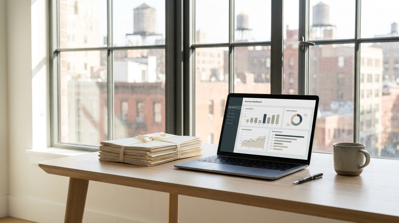 Modern desk with a laptop and documents in a New York City loft, symbolizing business registration and compliance.