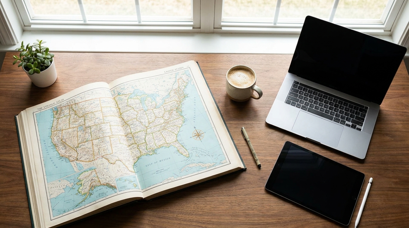 An organized desk with a US map, laptop, and tablet, symbolizing multi-state business planning.