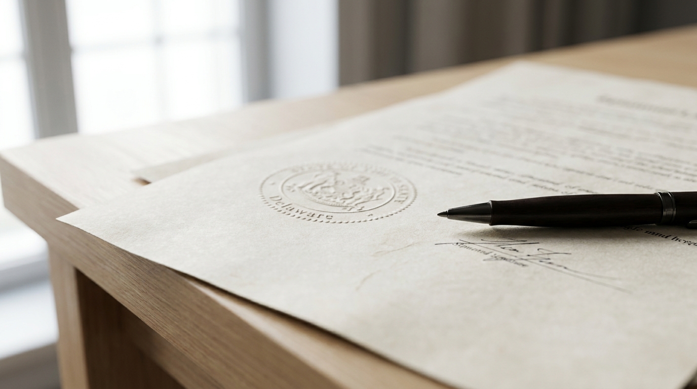 A close-up of a document with a Delaware state seal, symbolizing foreign qualification for businesses.