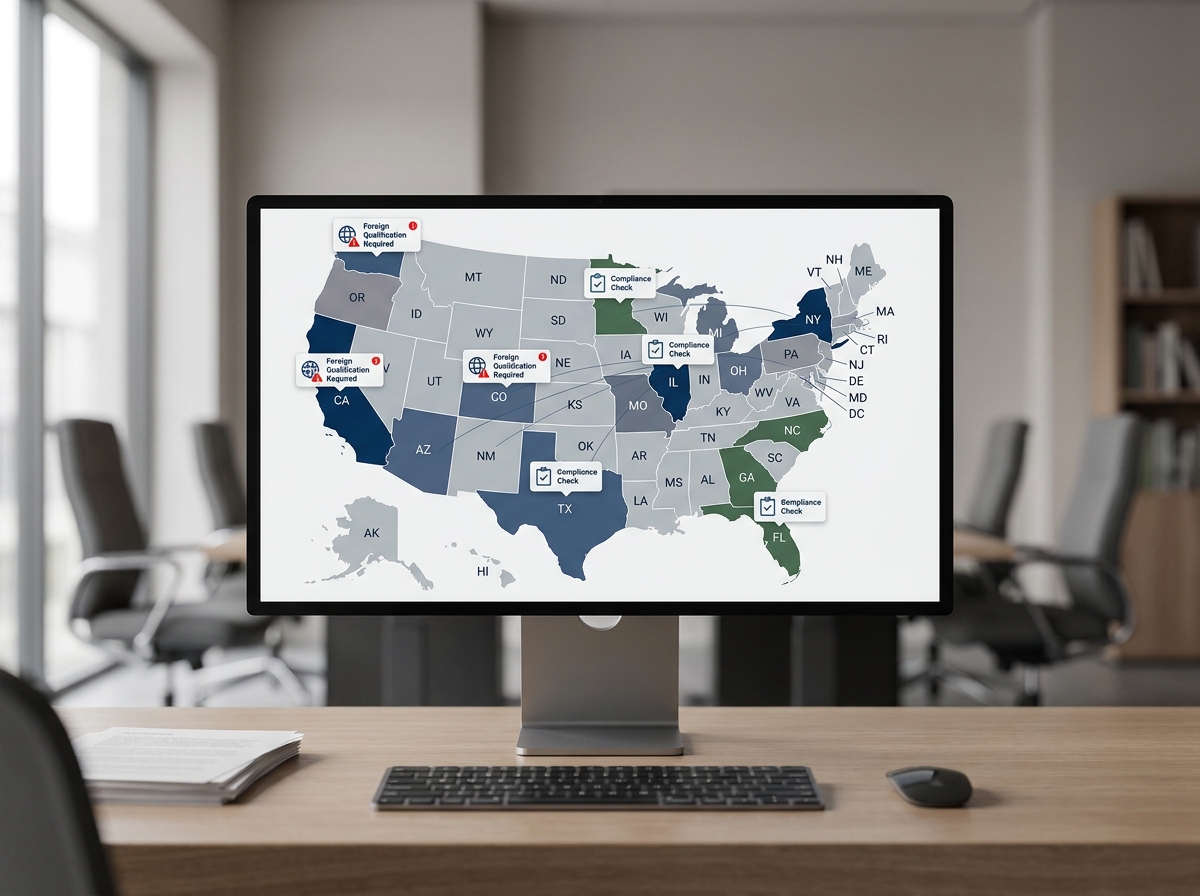 A map of the United States with specific states highlighted, indicating multi-state business operations. The map is overlaid with a digital interface showing compliance checks and registration forms. 4:3 aspect ratio.