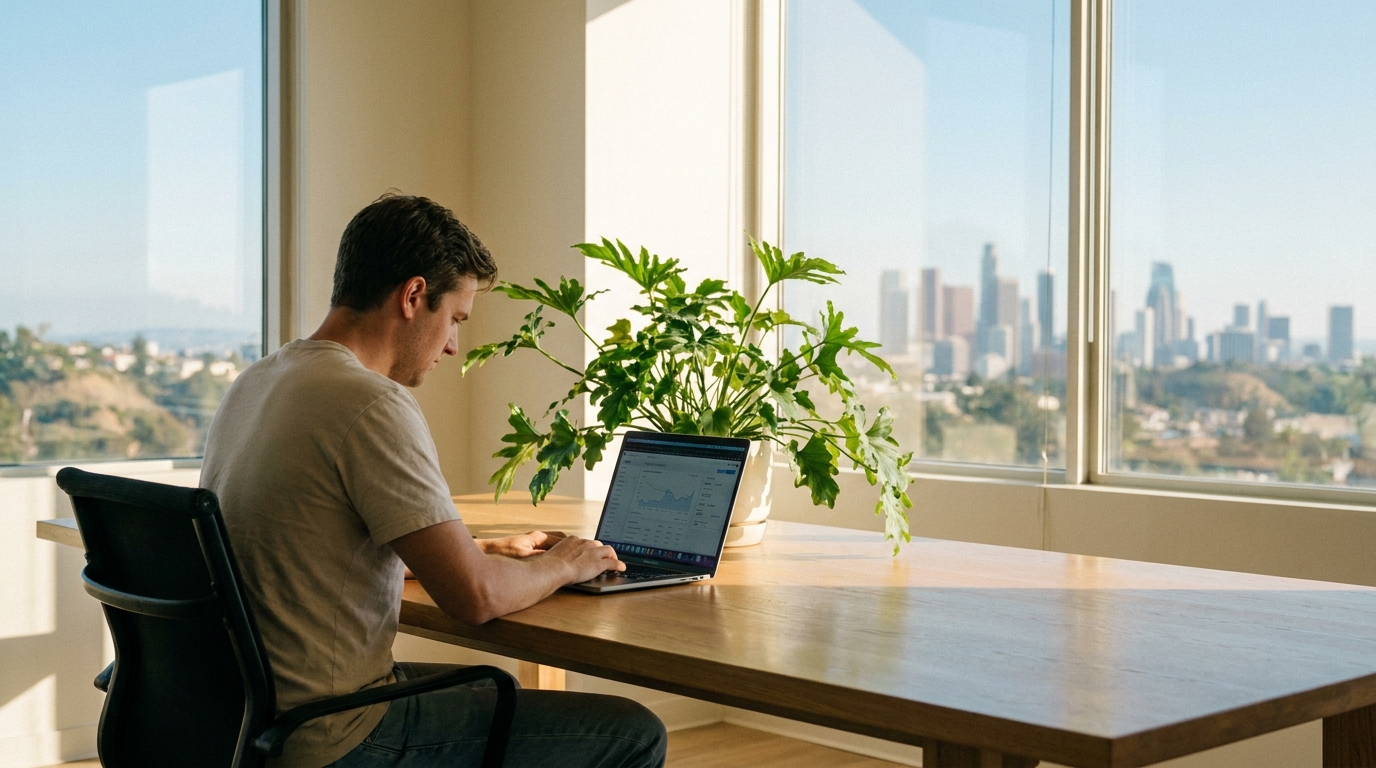 A founder working on a laptop in a modern California office, with a view of the city, symbolizing business formation and growth.
