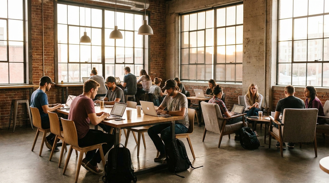 Interior of a bustling modern cafe in Denver, Colorado, representing a typical franchise business setting.