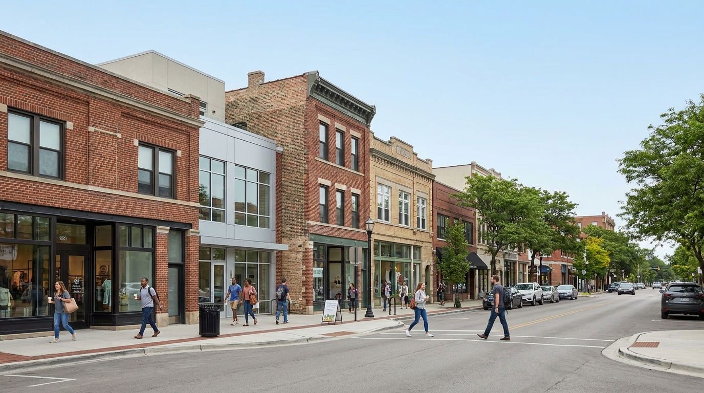 A vibrant main street in an Illinois city with various franchise storefronts, suggesting a thriving business environment.
