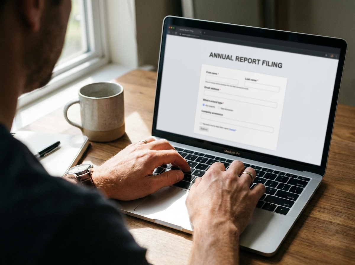 A close-up of a person's hands typing on a laptop, with a website form for an annual business report visible on the screen.