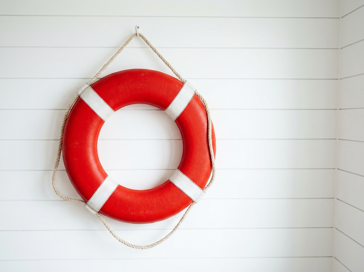 A life preserver hanging on a clean, white wall, symbolizing the rescue or reinstatement of a business.