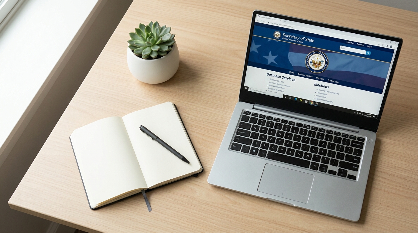 A laptop showing the Arkansas Secretary of State website next to a notebook and pen, representing business compliance tasks.