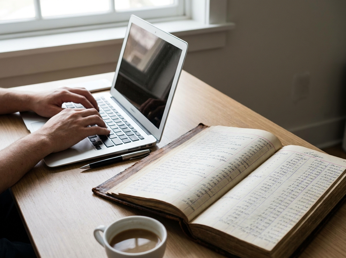 Hands typing on a laptop next to an open ledger, symbolizing meticulous financial record-keeping for an LLC.