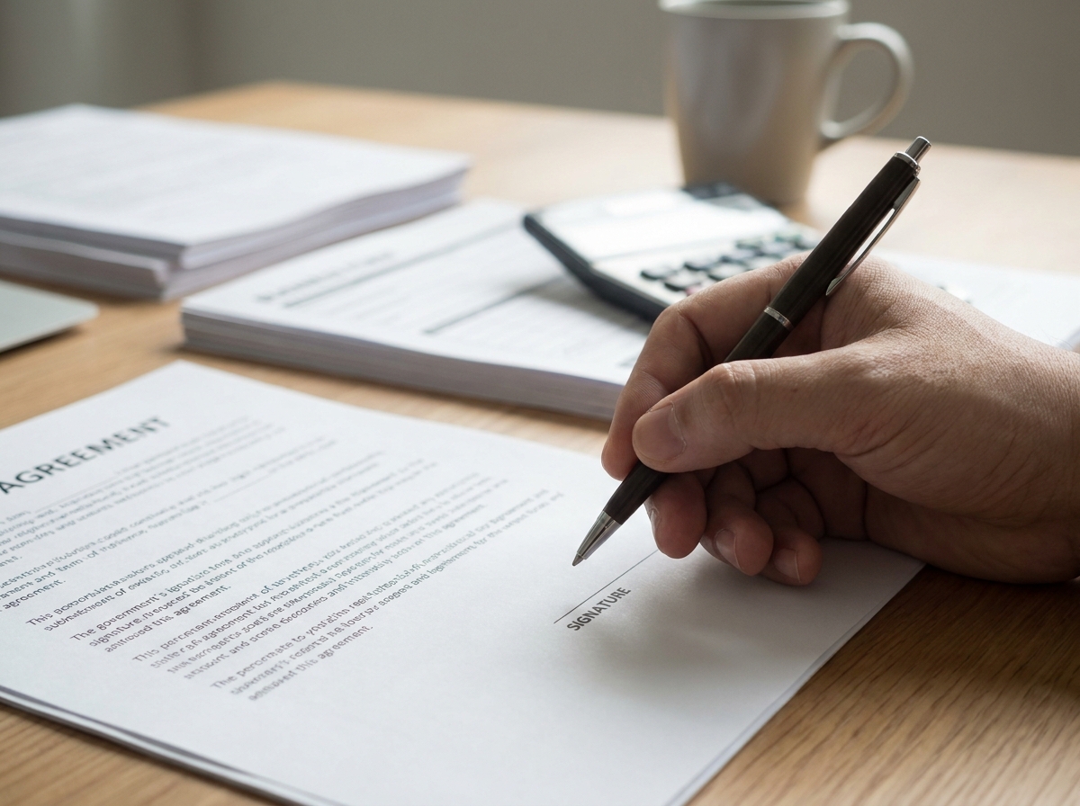 A close-up of a hand signing a legal document, with a pen and a stack of forms on a wooden desk, symbolizing the importance of formal documentation for business contributions.