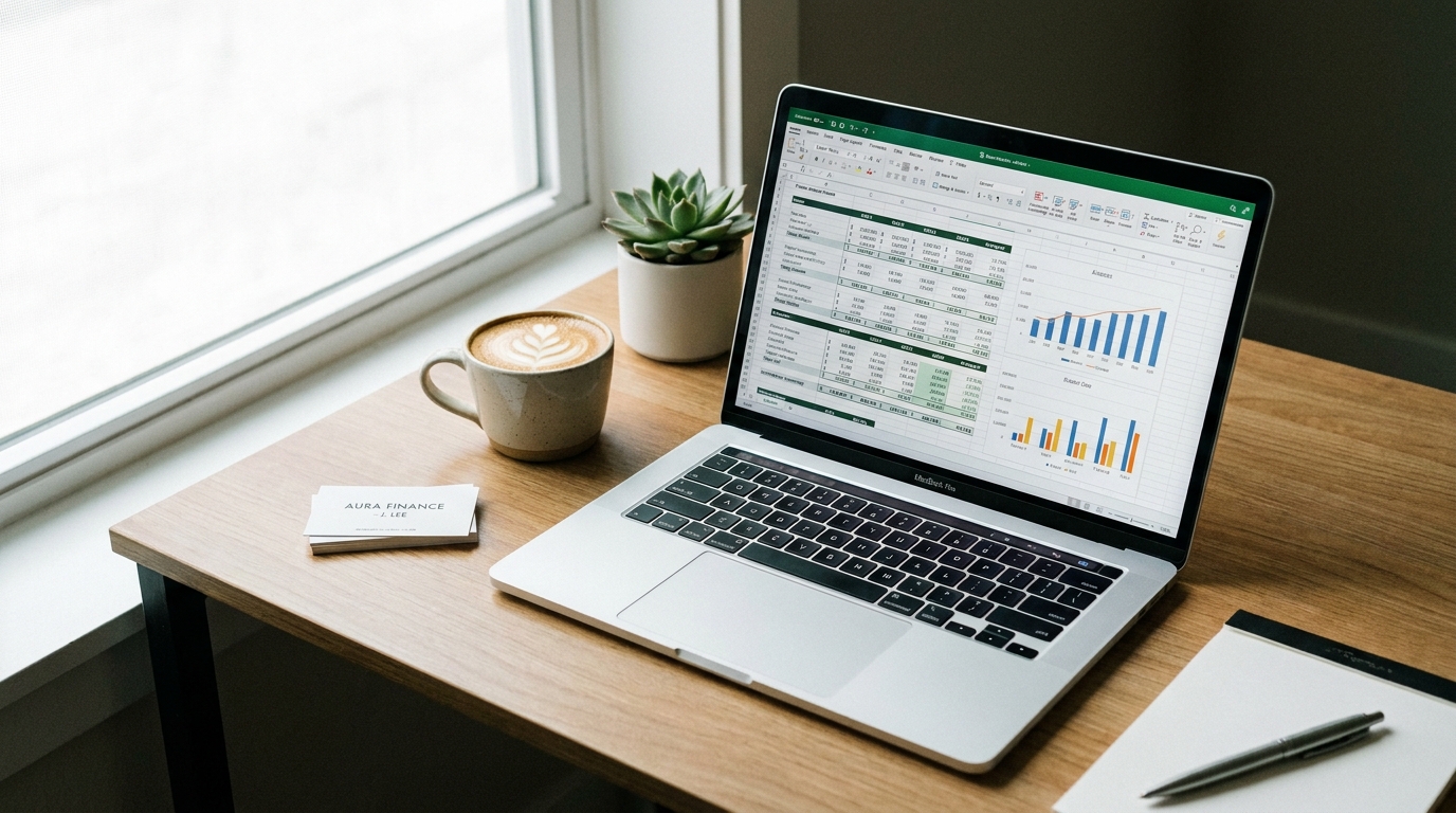 A desk with a laptop showing financial data, a coffee cup, and business cards, illustrating business finance management.