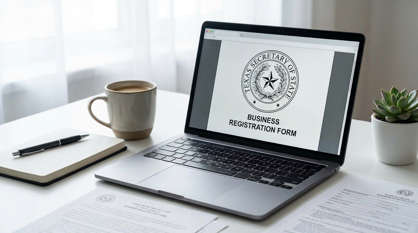 Laptop displaying a Texas business registration form, with a pen, coffee cup, and plant on a clean desk.