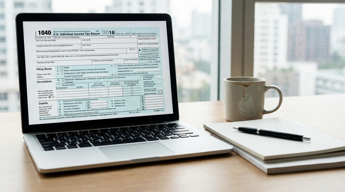 A laptop displaying a tax form, a pen, and a coffee cup on a modern desk, symbolizing business compliance.