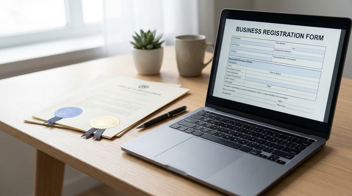 A desk with a laptop showing a business license application, alongside physical government documents and a pen, symbolizing the process of obtaining business licenses.
