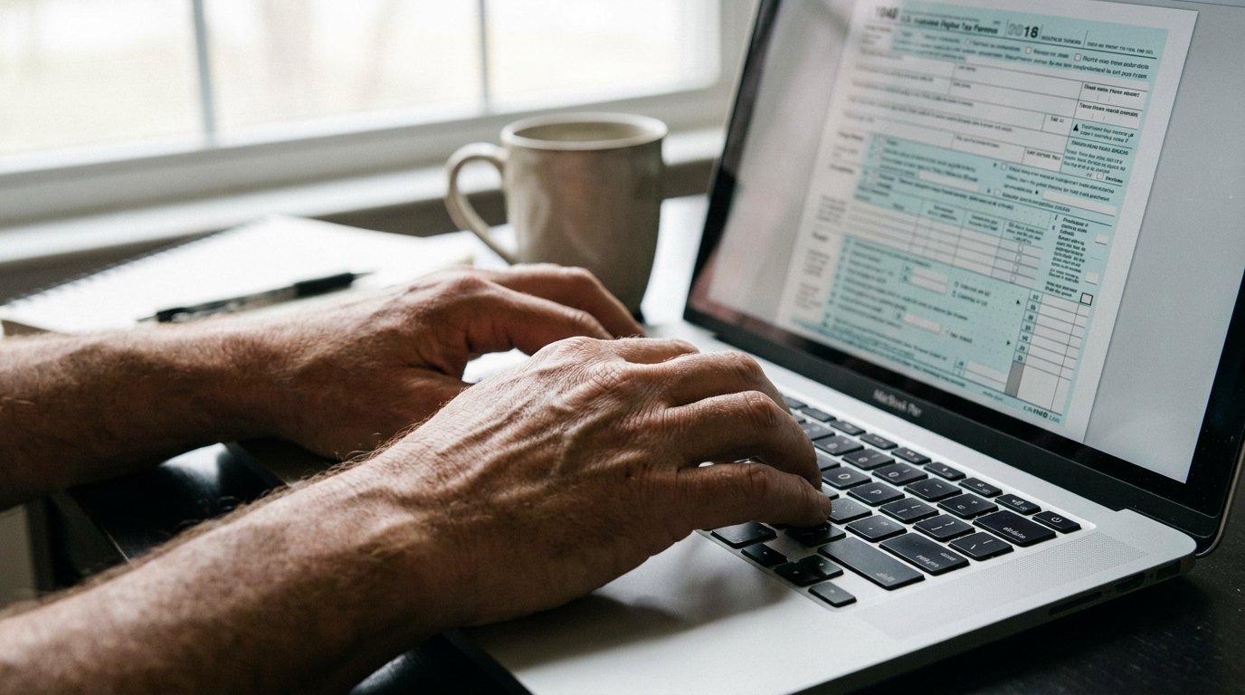 Hands typing on a laptop, a blurred tax form visible on the screen, illustrating the process of applying for an EIN.