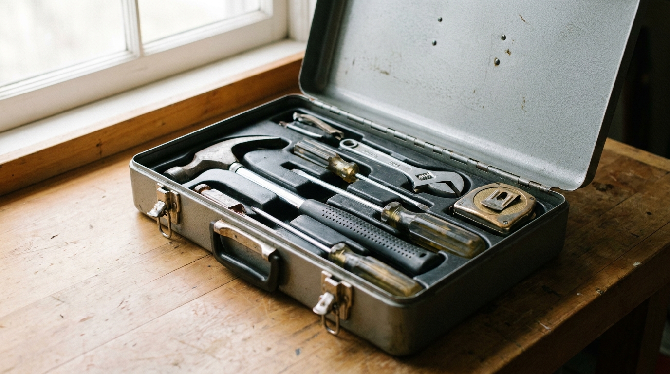 A meticulously organized toolbox on a wooden workbench, showcasing a range of essential handyman tools under soft natural light.