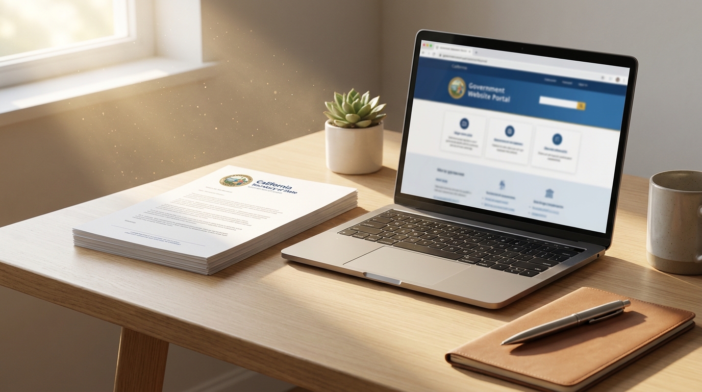 A desk with documents, a laptop showing a government website, and a pen, symbolizing the process of finding a California corporation number.