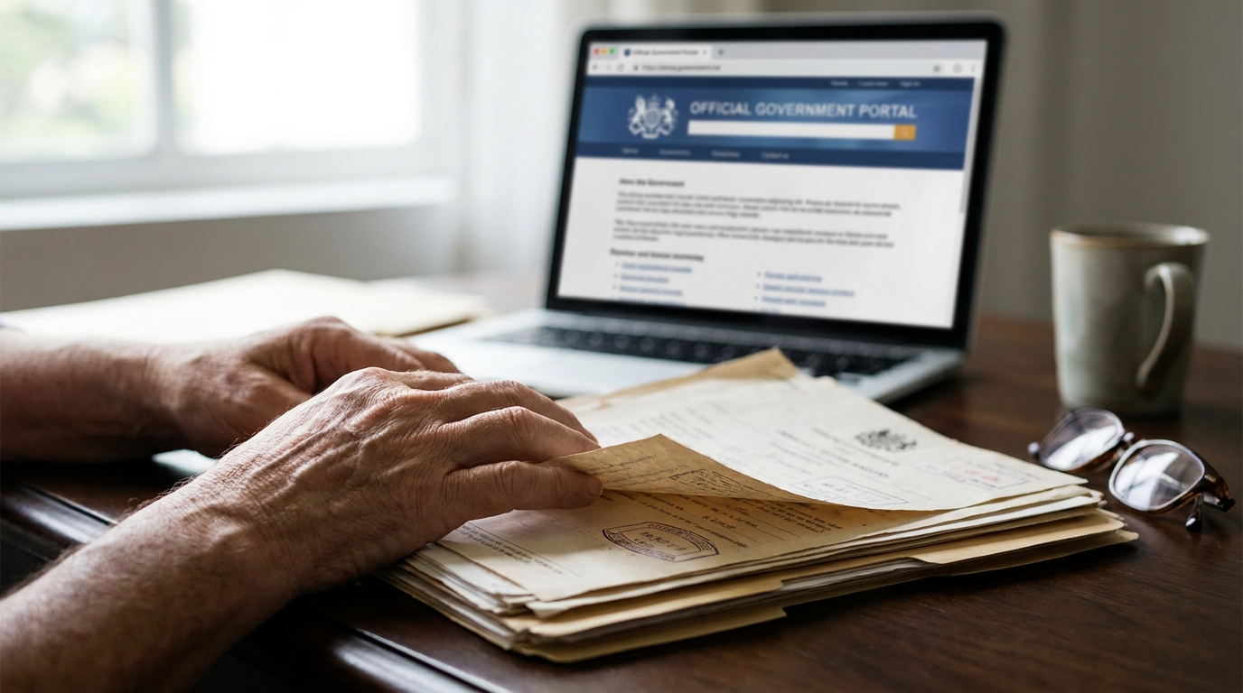 Hands reviewing official business documents, including a certificate, with a laptop in the background showing a state government portal.