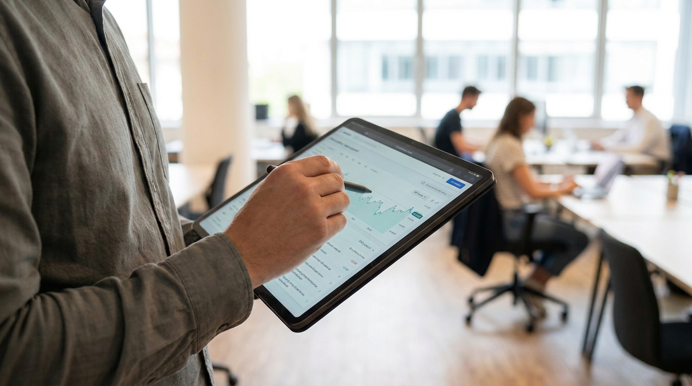 A founder intently reviewing an EIN application form on a tablet, with a focused expression.